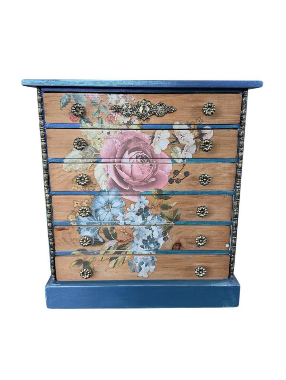 Vintage Extra Large Hand Painted Floral Chic Wood Jewelry Chest Box